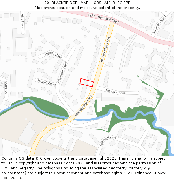 20, BLACKBRIDGE LANE, HORSHAM, RH12 1RP: Location map and indicative extent of plot