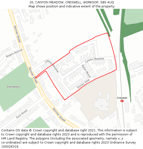 20, CANYON MEADOW, CRESWELL, WORKSOP, S80 4UQ: Location map and indicative extent of plot