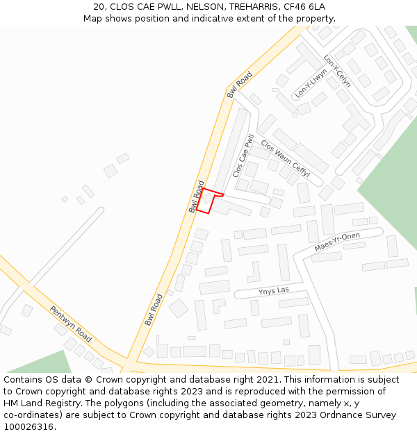 20, CLOS CAE PWLL, NELSON, TREHARRIS, CF46 6LA: Location map and indicative extent of plot