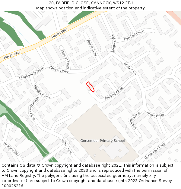 20, FAIRFIELD CLOSE, CANNOCK, WS12 3TU: Location map and indicative extent of plot