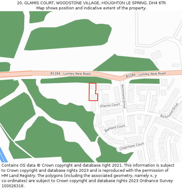 20, GLAMIS COURT, WOODSTONE VILLAGE, HOUGHTON LE SPRING, DH4 6TR: Location map and indicative extent of plot