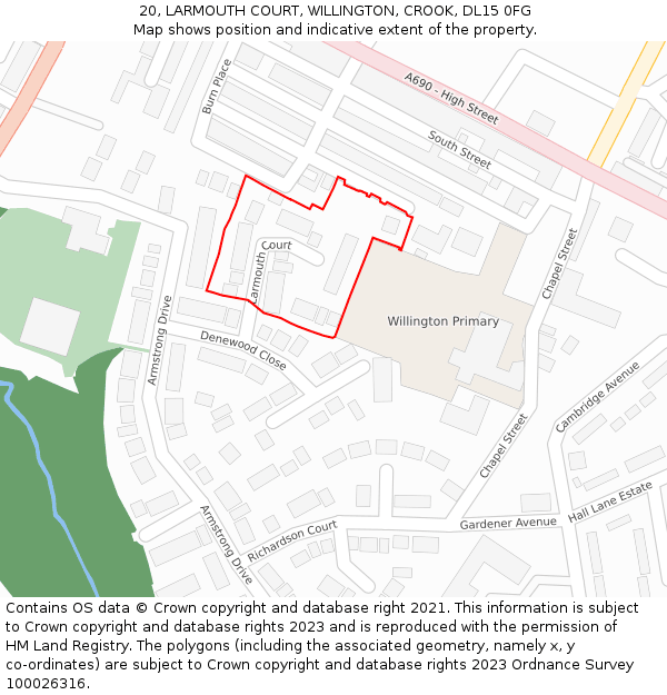 20, LARMOUTH COURT, WILLINGTON, CROOK, DL15 0FG: Location map and indicative extent of plot