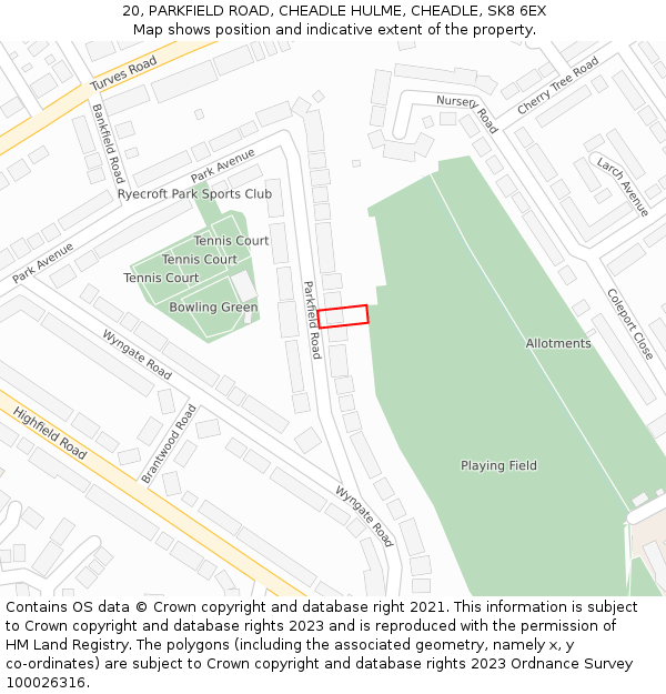 20, PARKFIELD ROAD, CHEADLE HULME, CHEADLE, SK8 6EX: Location map and indicative extent of plot