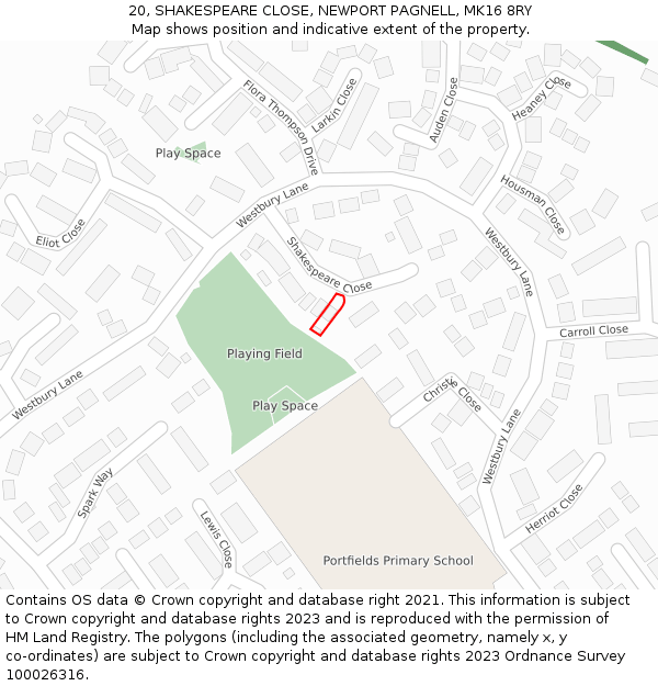 20, SHAKESPEARE CLOSE, NEWPORT PAGNELL, MK16 8RY: Location map and indicative extent of plot