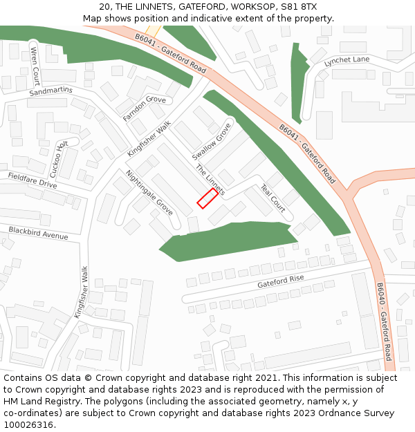 20, THE LINNETS, GATEFORD, WORKSOP, S81 8TX: Location map and indicative extent of plot