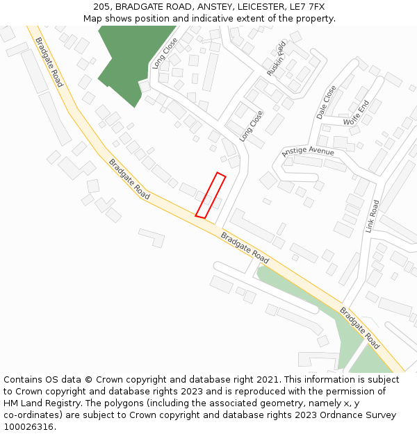 205, BRADGATE ROAD, ANSTEY, LEICESTER, LE7 7FX: Location map and indicative extent of plot