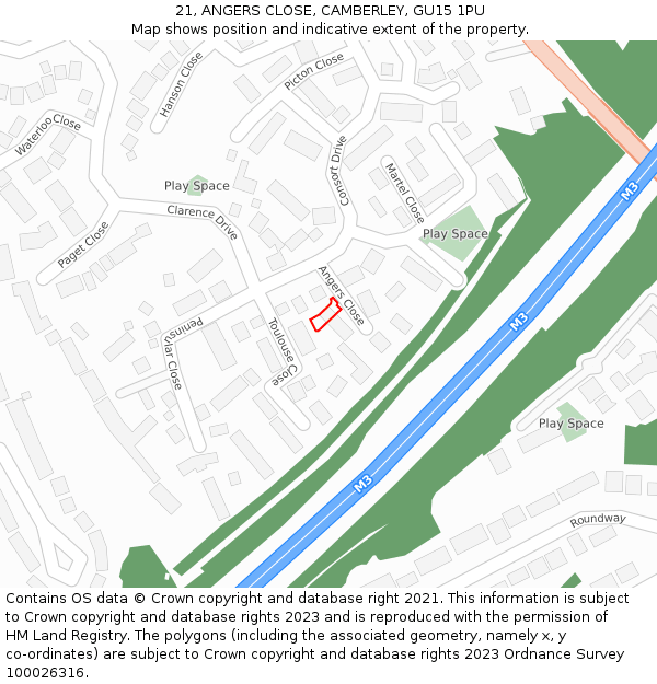 21, ANGERS CLOSE, CAMBERLEY, GU15 1PU: Location map and indicative extent of plot