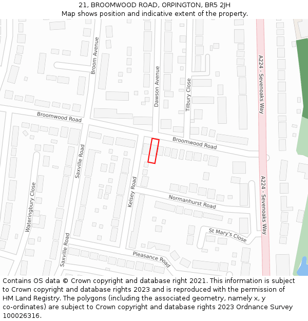 21, BROOMWOOD ROAD, ORPINGTON, BR5 2JH: Location map and indicative extent of plot