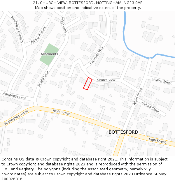 21, CHURCH VIEW, BOTTESFORD, NOTTINGHAM, NG13 0AE: Location map and indicative extent of plot