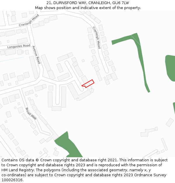 21, DURNSFORD WAY, CRANLEIGH, GU6 7LW: Location map and indicative extent of plot