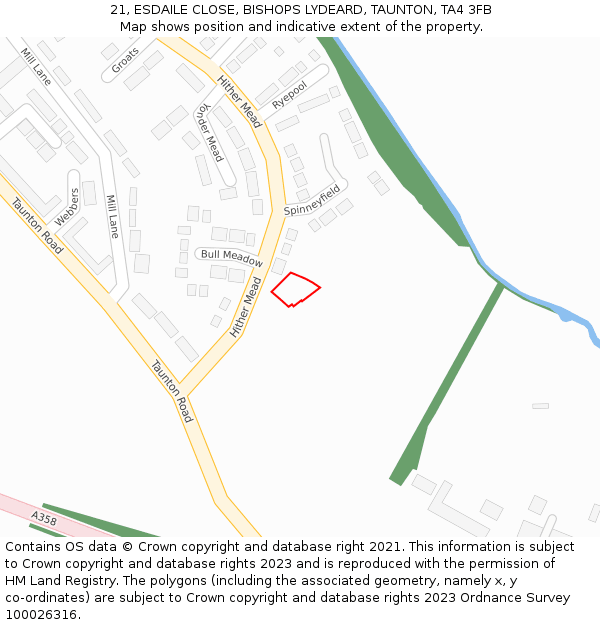 21, ESDAILE CLOSE, BISHOPS LYDEARD, TAUNTON, TA4 3FB: Location map and indicative extent of plot