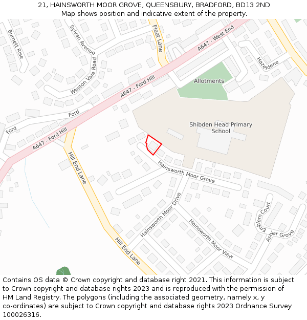 21, HAINSWORTH MOOR GROVE, QUEENSBURY, BRADFORD, BD13 2ND: Location map and indicative extent of plot