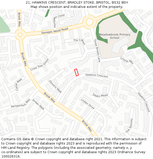 21, HAWKINS CRESCENT, BRADLEY STOKE, BRISTOL, BS32 8EH: Location map and indicative extent of plot