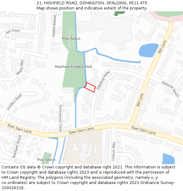 21, HIGHFIELD ROAD, DONINGTON, SPALDING, PE11 4TS: Location map and indicative extent of plot