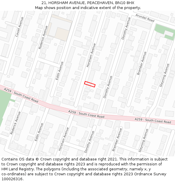 21, HORSHAM AVENUE, PEACEHAVEN, BN10 8HX: Location map and indicative extent of plot