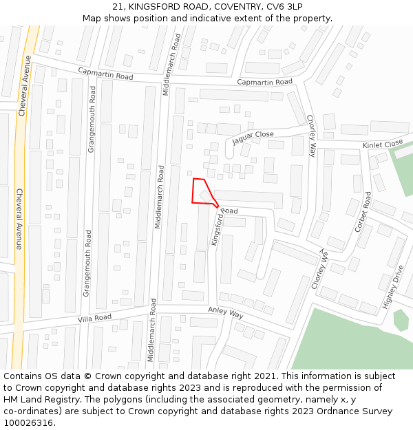 21, KINGSFORD ROAD, COVENTRY, CV6 3LP: Location map and indicative extent of plot