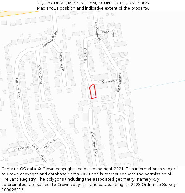 21, OAK DRIVE, MESSINGHAM, SCUNTHORPE, DN17 3US: Location map and indicative extent of plot