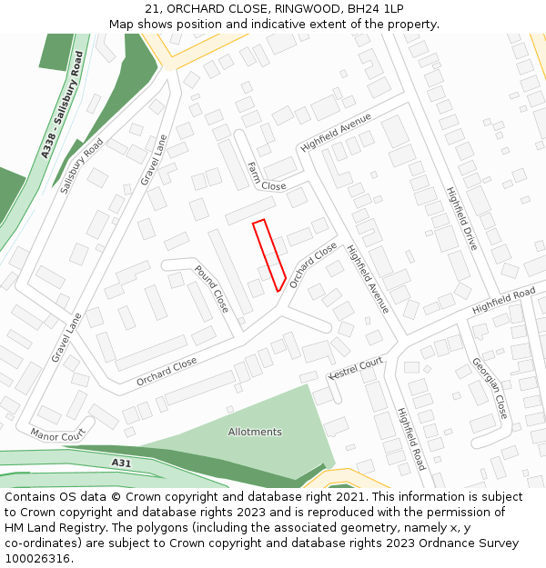 21, ORCHARD CLOSE, RINGWOOD, BH24 1LP: Location map and indicative extent of plot