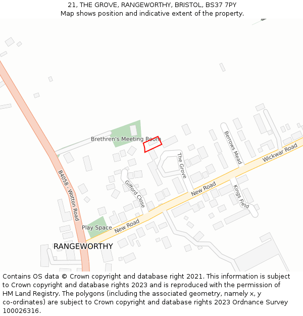 21, THE GROVE, RANGEWORTHY, BRISTOL, BS37 7PY: Location map and indicative extent of plot