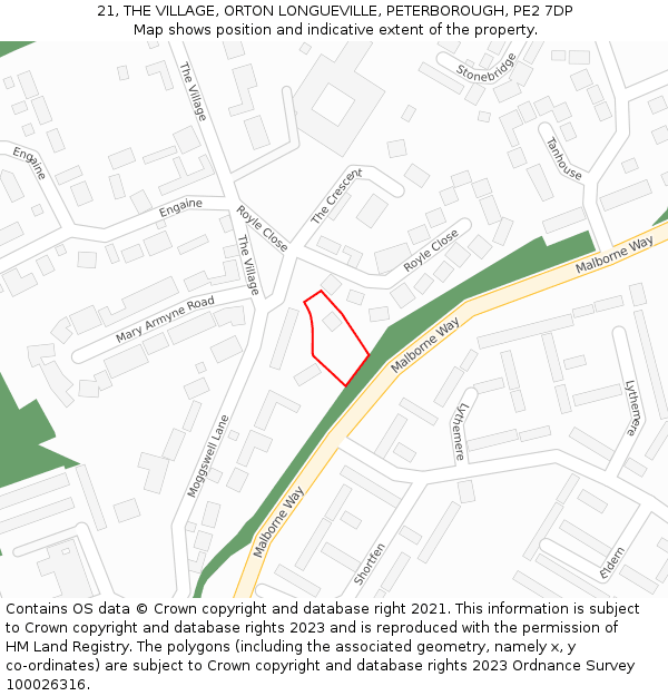 21, THE VILLAGE, ORTON LONGUEVILLE, PETERBOROUGH, PE2 7DP: Location map and indicative extent of plot
