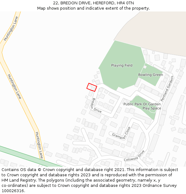 22, BREDON DRIVE, HEREFORD, HR4 0TN: Location map and indicative extent of plot