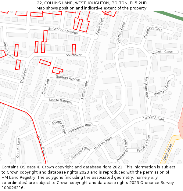 22, COLLINS LANE, WESTHOUGHTON, BOLTON, BL5 2HB: Location map and indicative extent of plot