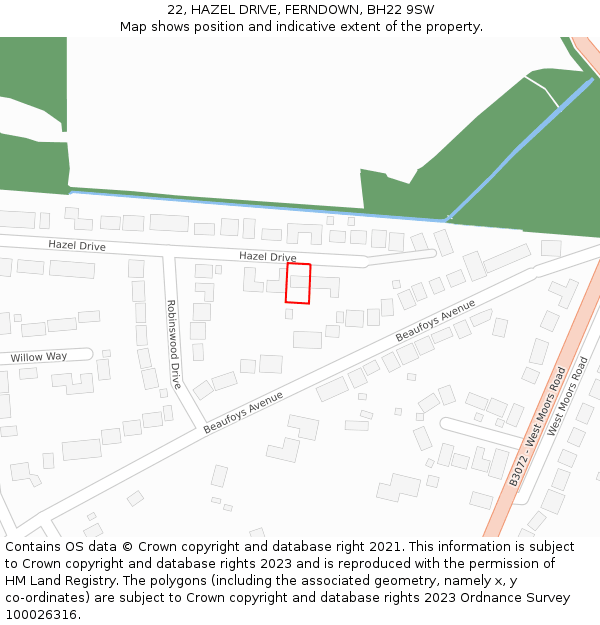 22, HAZEL DRIVE, FERNDOWN, BH22 9SW: Location map and indicative extent of plot