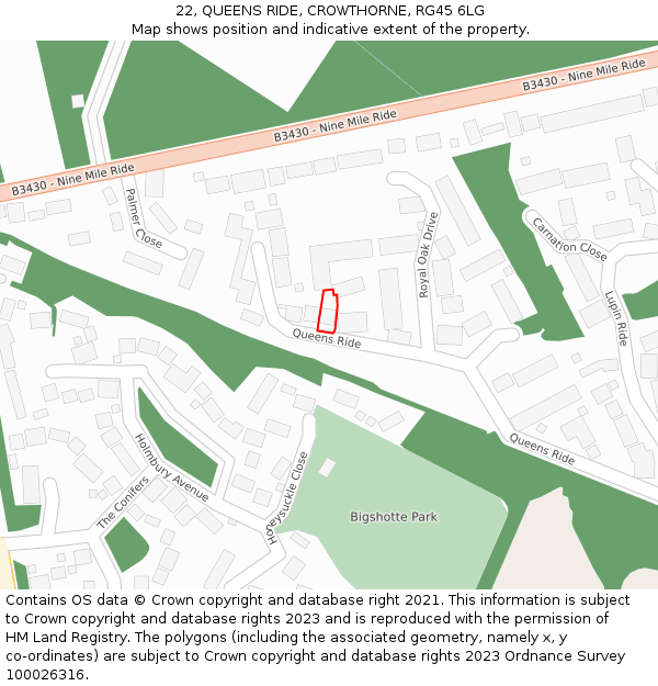 22, QUEENS RIDE, CROWTHORNE, RG45 6LG: Location map and indicative extent of plot