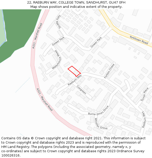 22, RAEBURN WAY, COLLEGE TOWN, SANDHURST, GU47 0FH: Location map and indicative extent of plot