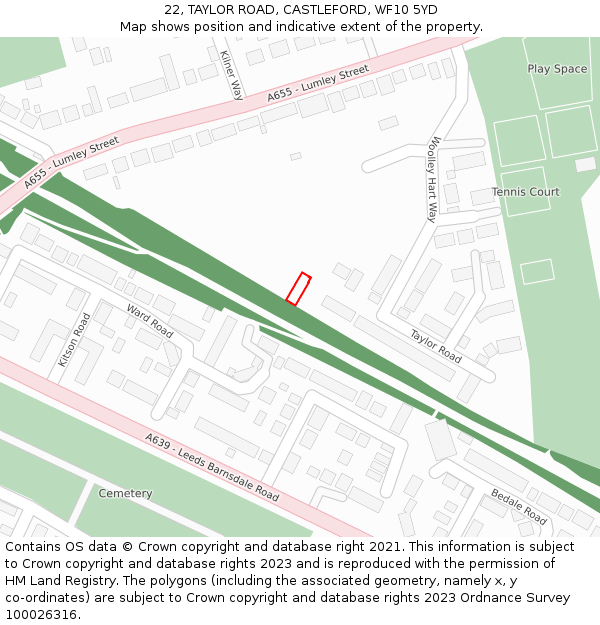 22, TAYLOR ROAD, CASTLEFORD, WF10 5YD: Location map and indicative extent of plot