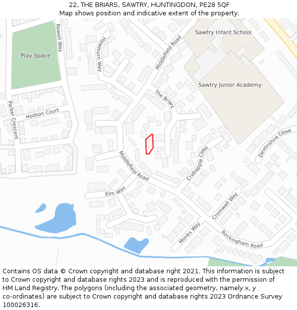 22, THE BRIARS, SAWTRY, HUNTINGDON, PE28 5QF: Location map and indicative extent of plot