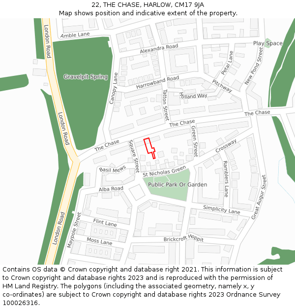 22, THE CHASE, HARLOW, CM17 9JA: Location map and indicative extent of plot