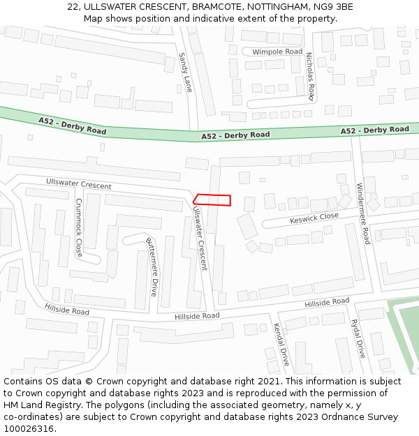 22, ULLSWATER CRESCENT, BRAMCOTE, NOTTINGHAM, NG9 3BE: Location map and indicative extent of plot
