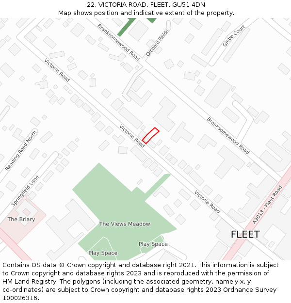 22, VICTORIA ROAD, FLEET, GU51 4DN: Location map and indicative extent of plot