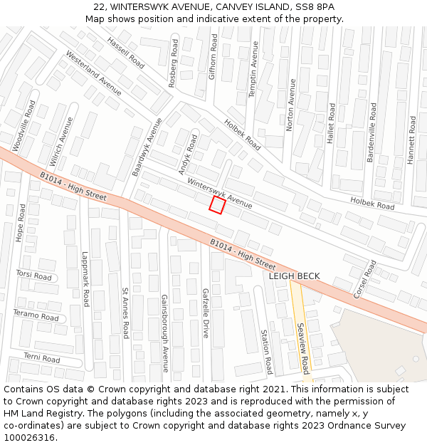 22, WINTERSWYK AVENUE, CANVEY ISLAND, SS8 8PA: Location map and indicative extent of plot