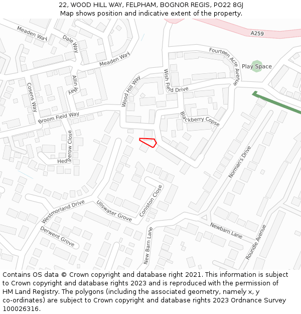 22, WOOD HILL WAY, FELPHAM, BOGNOR REGIS, PO22 8GJ: Location map and indicative extent of plot