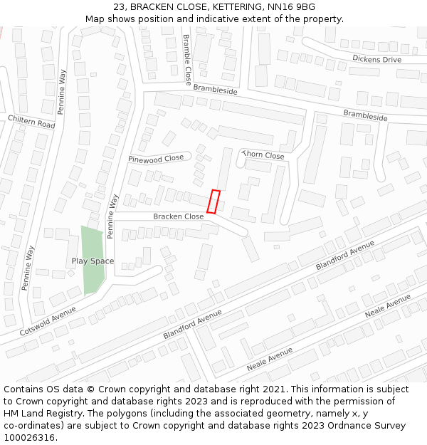 23, BRACKEN CLOSE, KETTERING, NN16 9BG: Location map and indicative extent of plot