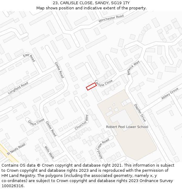 23, CARLISLE CLOSE, SANDY, SG19 1TY: Location map and indicative extent of plot