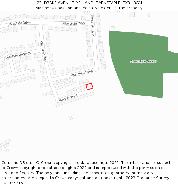 23, DRAKE AVENUE, YELLAND, BARNSTAPLE, EX31 3GN: Location map and indicative extent of plot