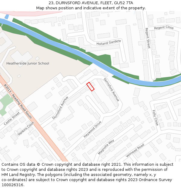 23, DURNSFORD AVENUE, FLEET, GU52 7TA: Location map and indicative extent of plot