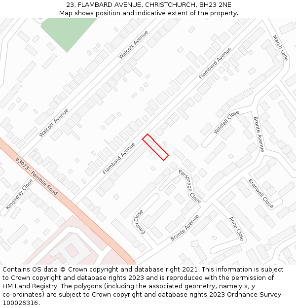 23, FLAMBARD AVENUE, CHRISTCHURCH, BH23 2NE: Location map and indicative extent of plot