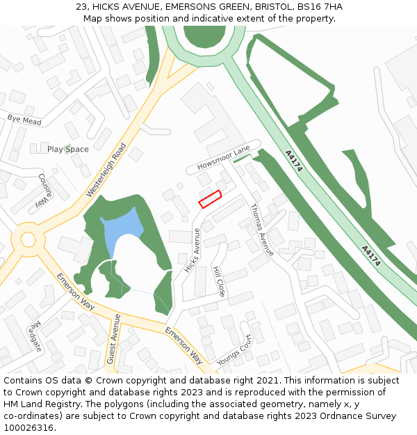 23, HICKS AVENUE, EMERSONS GREEN, BRISTOL, BS16 7HA: Location map and indicative extent of plot