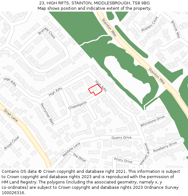 23, HIGH RIFTS, STAINTON, MIDDLESBROUGH, TS8 9BG: Location map and indicative extent of plot