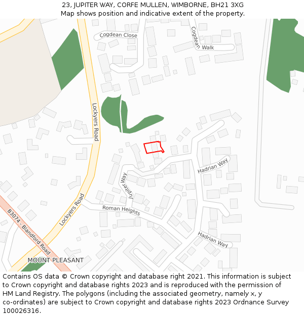 23, JUPITER WAY, CORFE MULLEN, WIMBORNE, BH21 3XG: Location map and indicative extent of plot