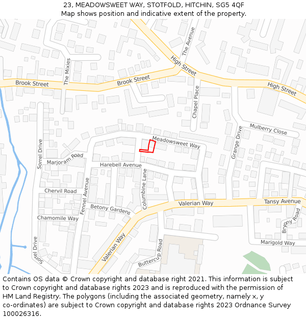 23, MEADOWSWEET WAY, STOTFOLD, HITCHIN, SG5 4QF: Location map and indicative extent of plot