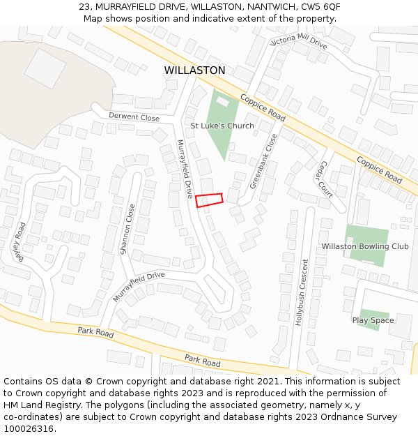 23, MURRAYFIELD DRIVE, WILLASTON, NANTWICH, CW5 6QF: Location map and indicative extent of plot