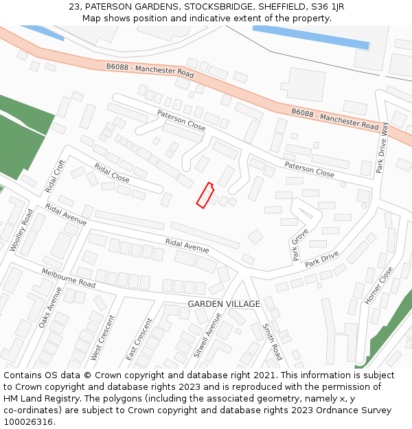 23, PATERSON GARDENS, STOCKSBRIDGE, SHEFFIELD, S36 1JR: Location map and indicative extent of plot