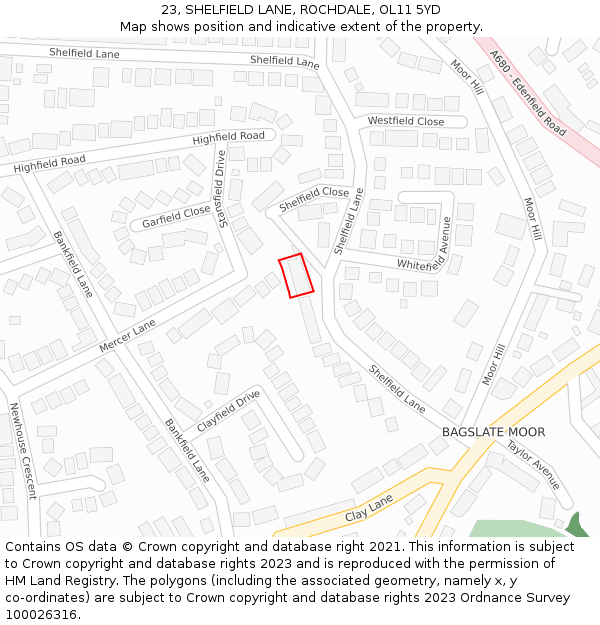 23, SHELFIELD LANE, ROCHDALE, OL11 5YD: Location map and indicative extent of plot