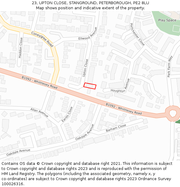 23, UPTON CLOSE, STANGROUND, PETERBOROUGH, PE2 8LU: Location map and indicative extent of plot