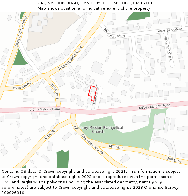 23A, MALDON ROAD, DANBURY, CHELMSFORD, CM3 4QH: Location map and indicative extent of plot